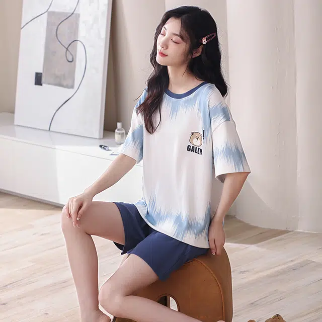可人儿 纯棉短袖短裤睡衣简约小熊宽松可外穿家居服套装 春夏季 女款 蓝色