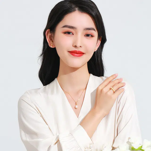 老庙黄金吊坠 古法黄金镶嵌锆石珍珠足金吊坠女生挂坠优雅大气