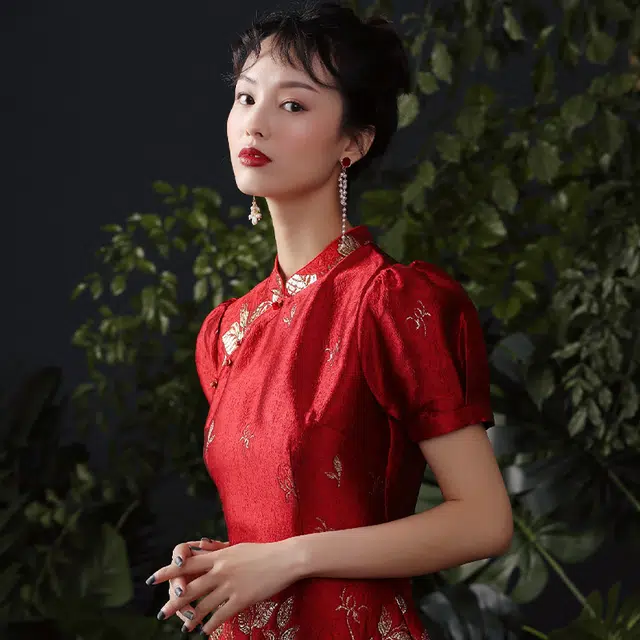 玫瑰泡泡袖改良版旗袍短袖仙女短袖连衣裙 夏季 女款 红色