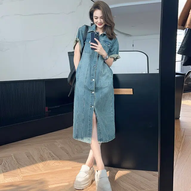 美洋 淘古少女牛仔裙 休闲减龄复古直筒短袖衬衫连衣裙