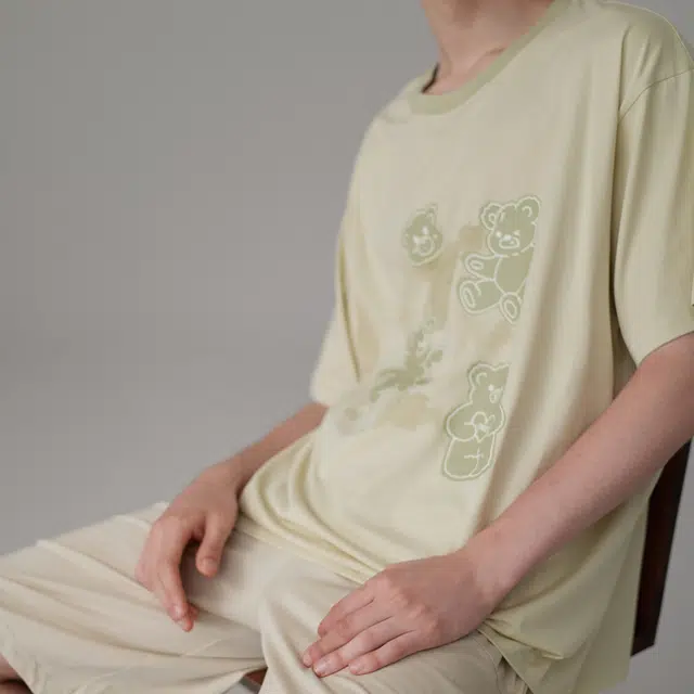 同语 夏季睡衣凉感棉短袖套装可爱可外穿男士宽松夏天家居服 家居套装 男款 柔雾菊白•米杏