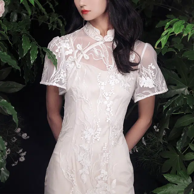 槿爷东方 云锦 新中式刺绣花卉短袖旗袍 女款 白色