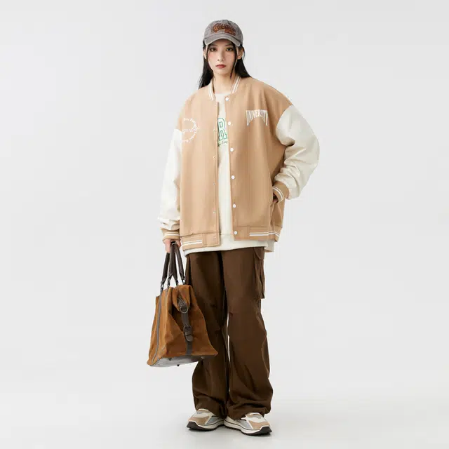 Paddington Bear PU Patchwork Wool Letter Print Baseball Jacket