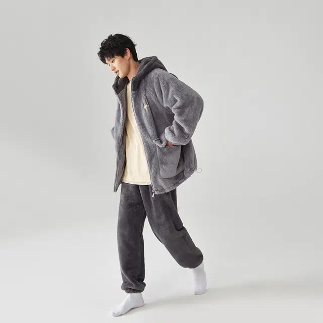 亲嘴猫秋冬加厚男士连帽家居服可外穿