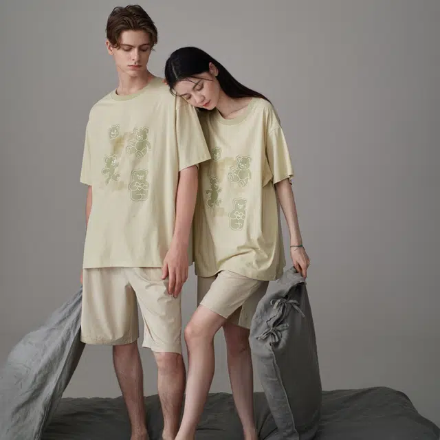 同语 夏季睡衣凉感棉短袖套装可爱可外穿男士宽松夏天家居服 家居套装 男款 柔雾菊白•米杏