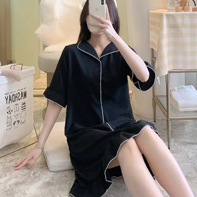 橡柠派 睡衣女夏款套头短袖中长款梭织棉麻睡裙可外穿家居服睡裙 女款 黑色