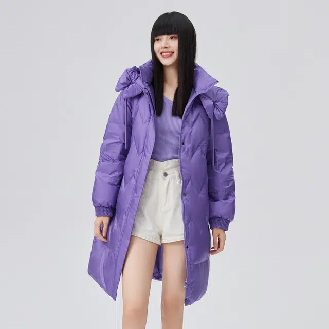 艾莱依 纯色蝴蝶结设计连帽长款羽绒服 女款