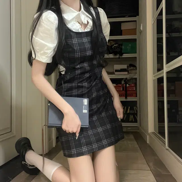 花山家的猫 爱心镂空短袖衬衫收腰连衣裙显瘦制服套装 女款