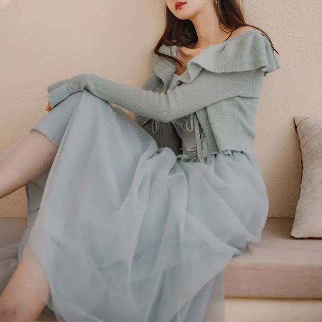 彼得潘大叔 纯色荷叶边薄款长袖针织衫 女款 蓝色