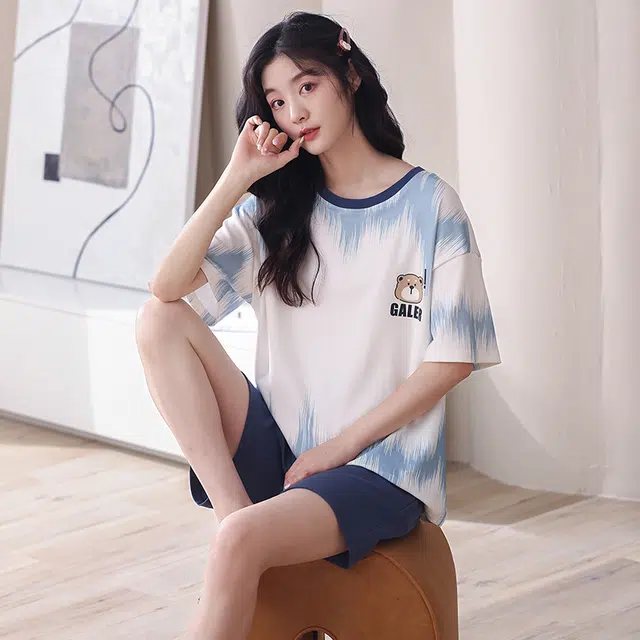 可人儿 纯棉短袖短裤睡衣简约小熊宽松可外穿家居服套装 春夏季 女款 蓝色