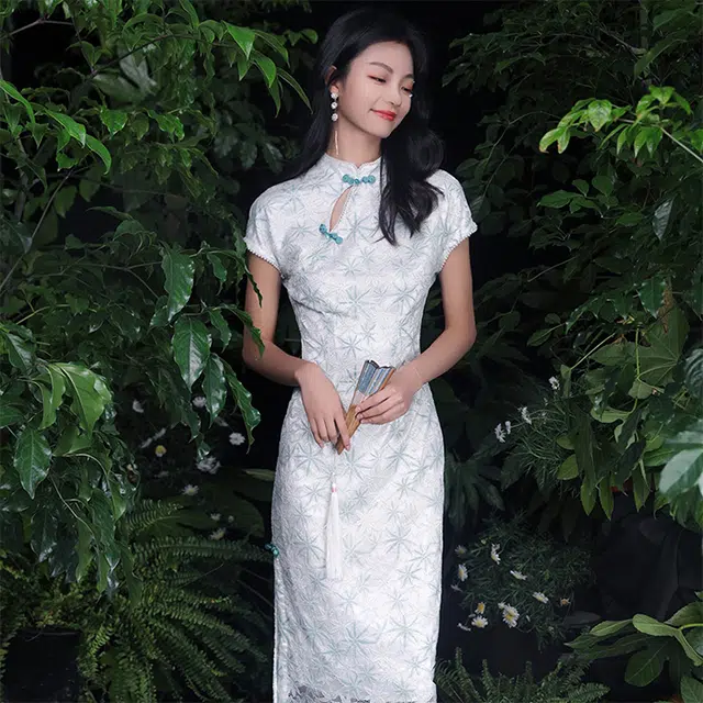 槿爷东方 蕾丝纽扣高领开叉短袖旗袍 女款 淡绿