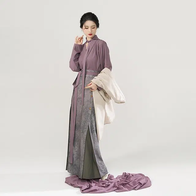 织造司 城市日记 宋制长褙子飞机袖改良三裥裙发带汉服套装 女款 紫色