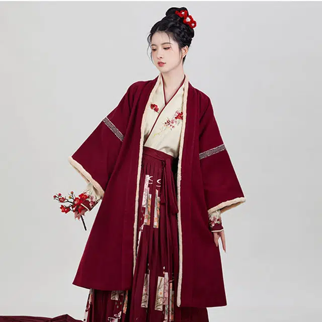 织造司 四花牌 长褙子飞机袖合身中长款合围裙一片式褶裙 冬汉服 女款