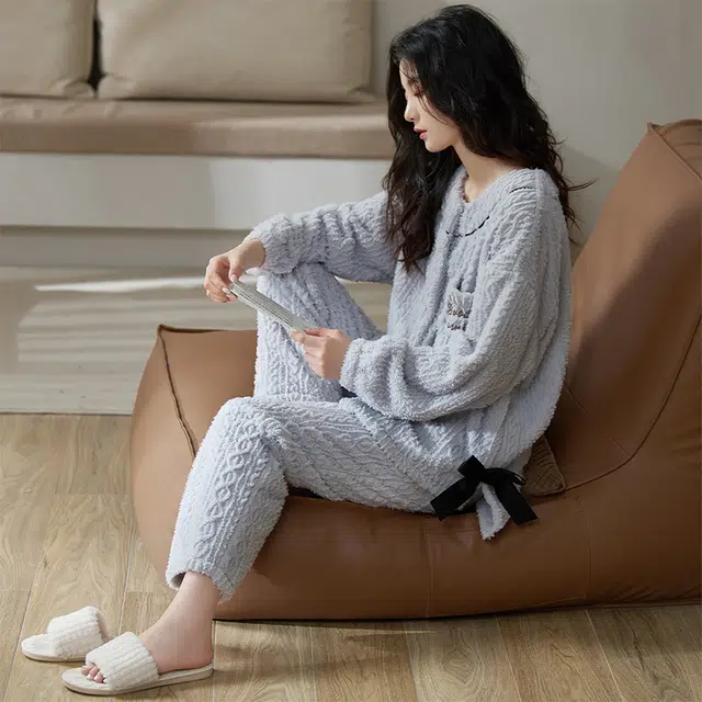 小情歌 珊瑚绒睡衣  冬季 加绒加厚保暖御寒家居服 女款  灰蓝色