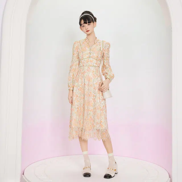 槿爷东方 承花落蕾丝分割碎花收腰长袖仙女连衣裙 女款 橙绿色