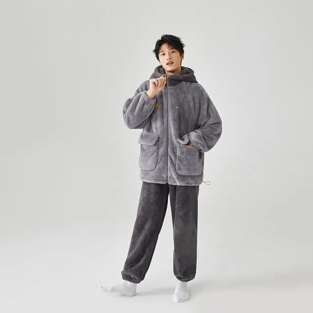 亲嘴猫秋冬加厚男士连帽家居服可外穿