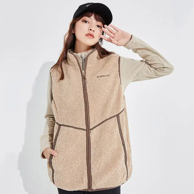 探路者 纯色抓绒保暖宽松拉链坎肩背心马甲 男女同款