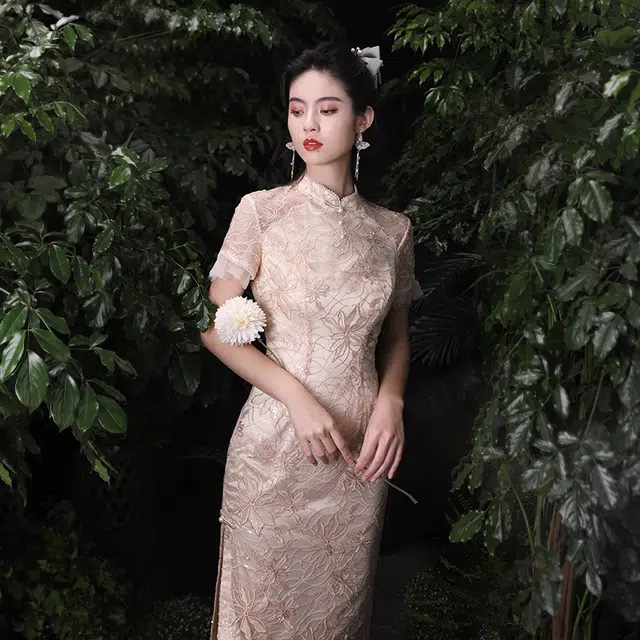 槿爷东方 中式复古花卉刺绣短袖旗袍 女款 杏粉色