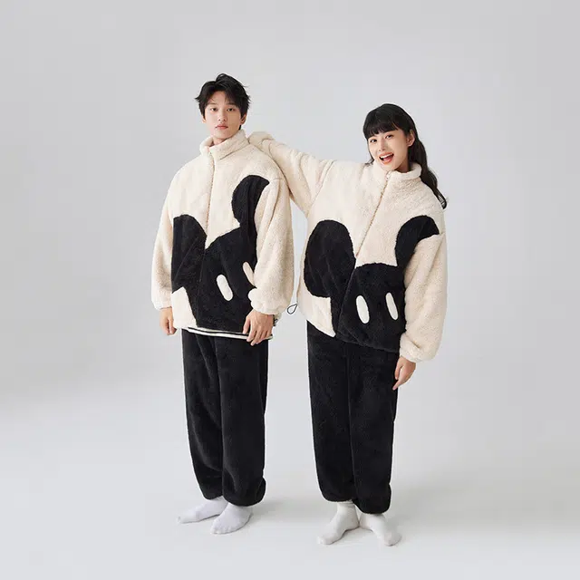 亲嘴猫珊瑚绒睡衣男秋冬卡加厚家居服套装