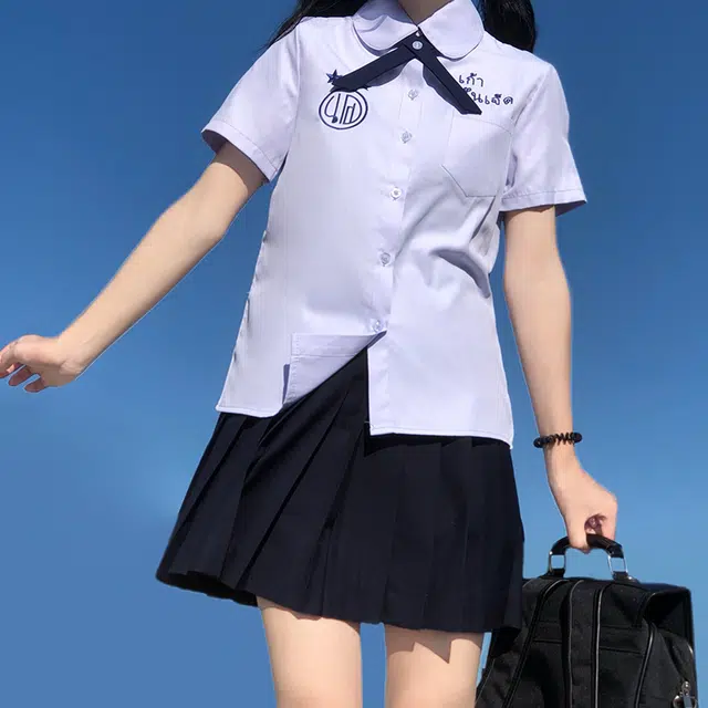九条喵 字母刺绣领结短袖衬衫制服上装 女款 紫色