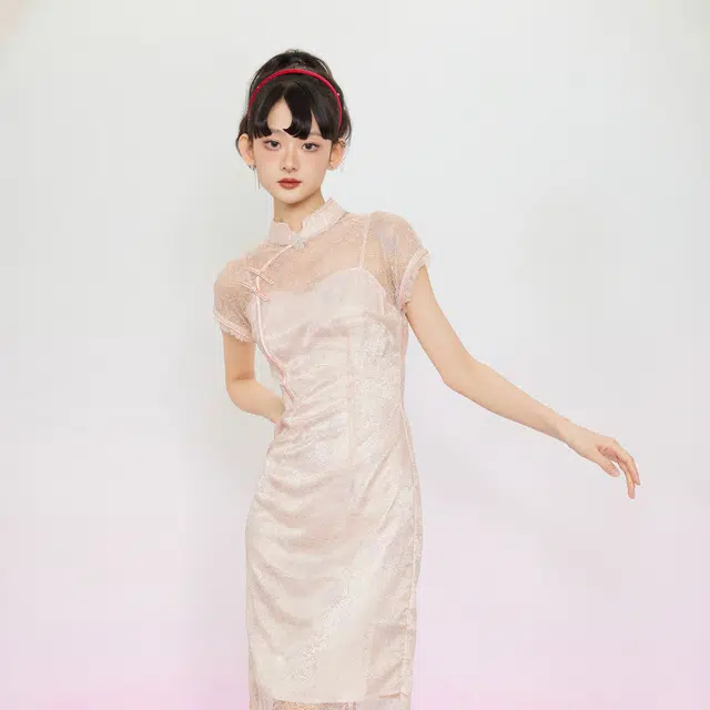 槿爷东方 中式复古纯色优雅短袖旗袍 女款 杏粉色