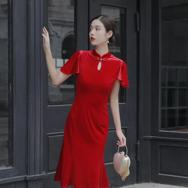 槿爷东方 丝绒水滴洞露背珍珠流苏鱼尾短袖连衣裙 夏季 女款 红色