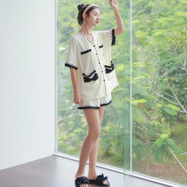 可人儿 凉感棉短袖睡衣柔软开衫休闲透气家居服套装 夏季薄款 女款米杏色