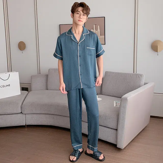 棉基因 夏季冰丝短袖三件套睡衣 翻领开衫千鸟格家居服套装 男款 灰绿色