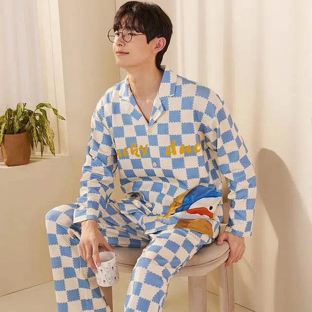 怡吾色 清新蓝色系印花可爱鸭家居服套装 可外穿睡衣 情侣款