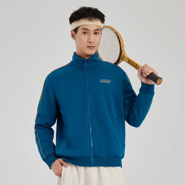 鸿星尔克 字母印花休闲开衫加绒加厚长袖卫衣 男款 深暮蓝