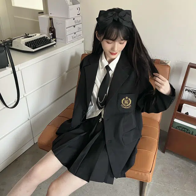 九条喵  纯色西装领单排扣长袖宽松西装 男女同款情侣款 黑色