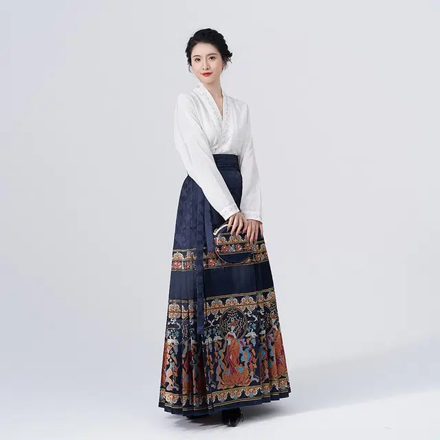 织造司 舞法天女 敦煌飞天 中国风改良仿妆花织金马面裙山河映画飞机袖明制纯色印花汉服两件套 女款 蓝色