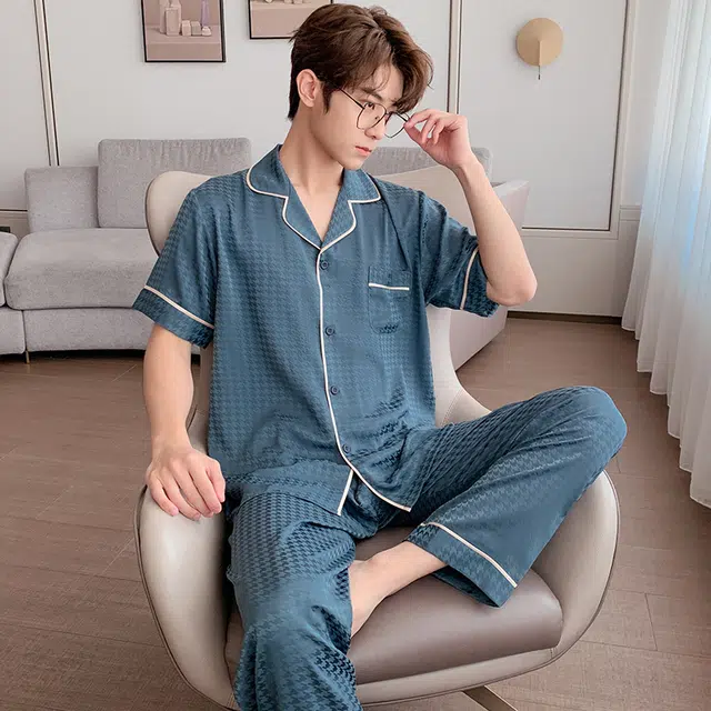 棉基因 夏季冰丝短袖三件套睡衣 翻领开衫千鸟格家居服套装 男款 灰绿色