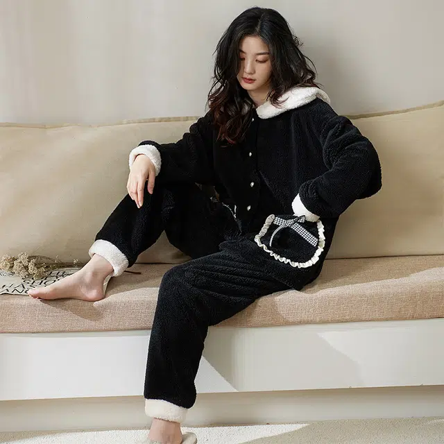 小情歌 珊瑚绒睡衣 秋冬季 加厚加绒保暖家居服 女款 黑色