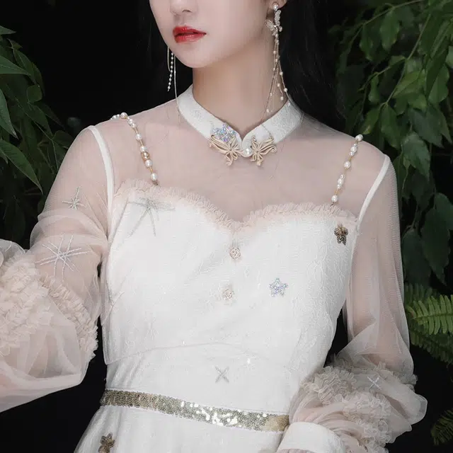槿爷东方 星星网纱蝴蝶结长袖连衣裙 女款 米色