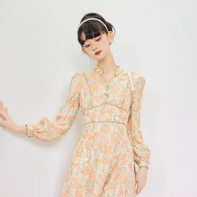 槿爷东方 承花落蕾丝分割碎花收腰长袖仙女连衣裙 女款 橙绿色