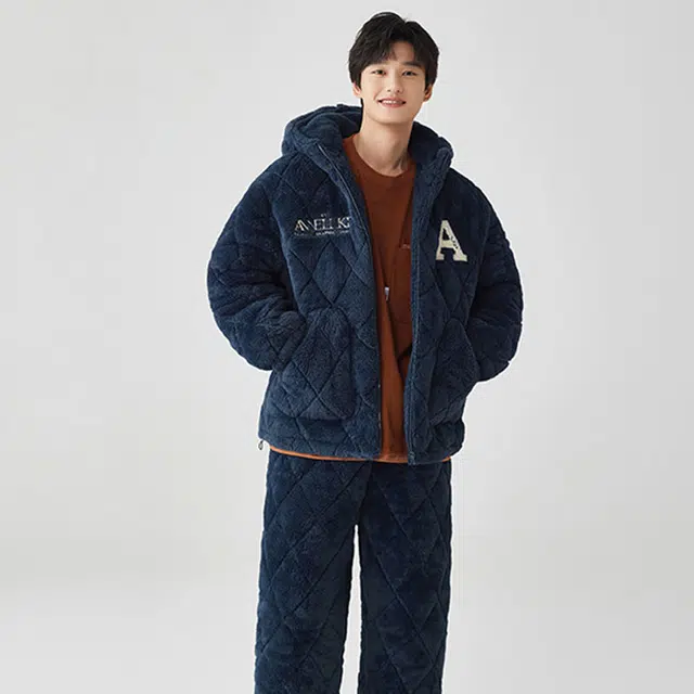 亲嘴猫 睡衣男冬季法兰绒保暖加厚三层夹棉套装连帽家居服宽松
