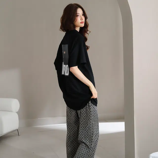 美腾 纯棉睡衣宽松短袖长裤可外穿家居服印花圆领套装 夏季 女款 黑色 礼盒款
