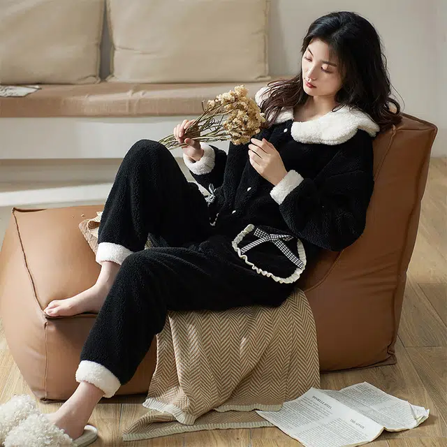 小情歌 珊瑚绒睡衣 秋冬季 加厚加绒保暖家居服 女款 黑色