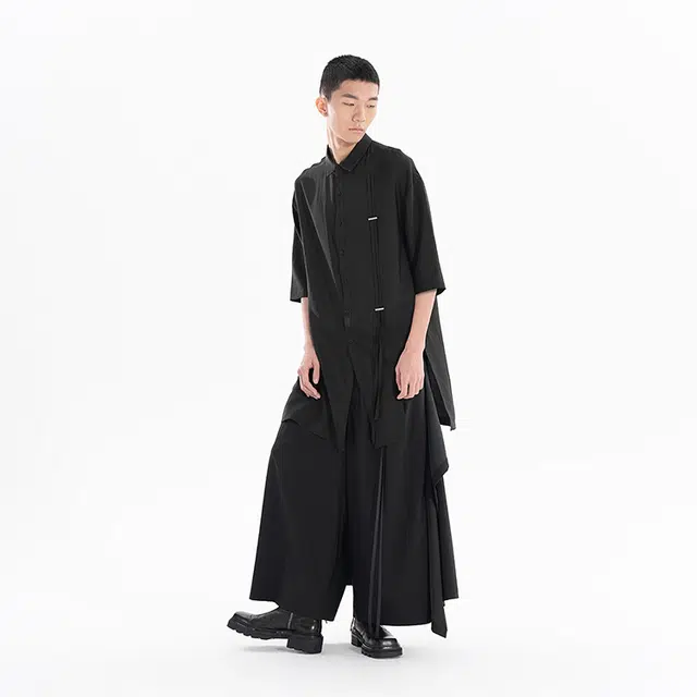幻象者 原创设计垂感中长款纯色五分短袖衬衫 男女同款