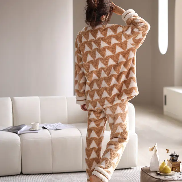可人儿 珊瑚绒睡衣 家居服套装 秋冬季 保暖加绒加厚 甜美开衫 女款 棕色 礼物