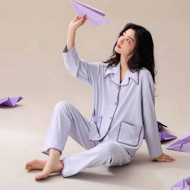 可人儿 纯棉长袖睡衣纯色简约宽松可外穿家居服套装 春秋季 女款 浅紫色