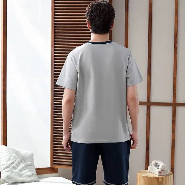 棉基因 纯棉短袖短裤睡衣 简约宽松 套头家居服 男款 灰蓝色