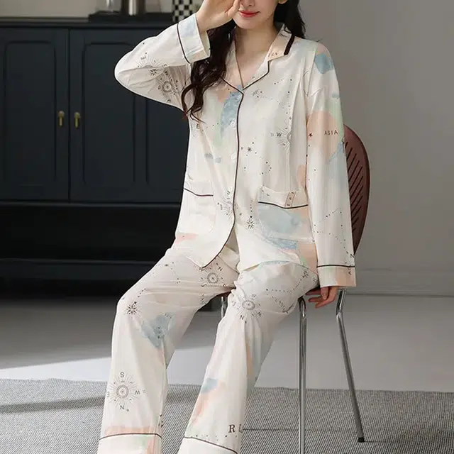 橡柠派 字母印花睡衣女长袖春夏季薄款开衫高级感夏天家居服两件家居套装 女款 杏色