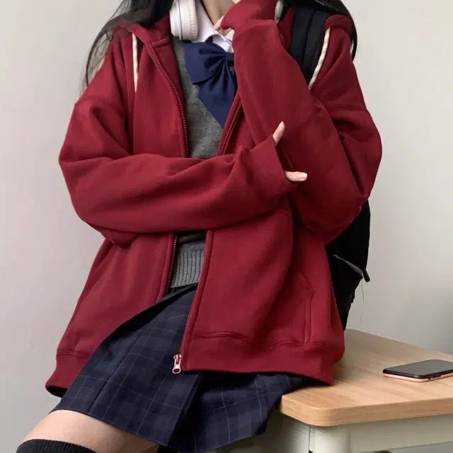 东鲸岁时记 纯色拉链宽松字母刺绣加绒开衫连帽卫衣 女款
