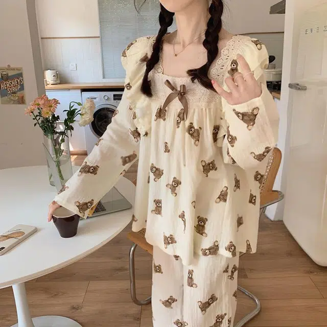 橡柠派 可爱小熊蝴蝶结睡衣可爱舒适春秋季少女韩版休闲学生睡裙可外穿两件套装 家居套装 女款 白色