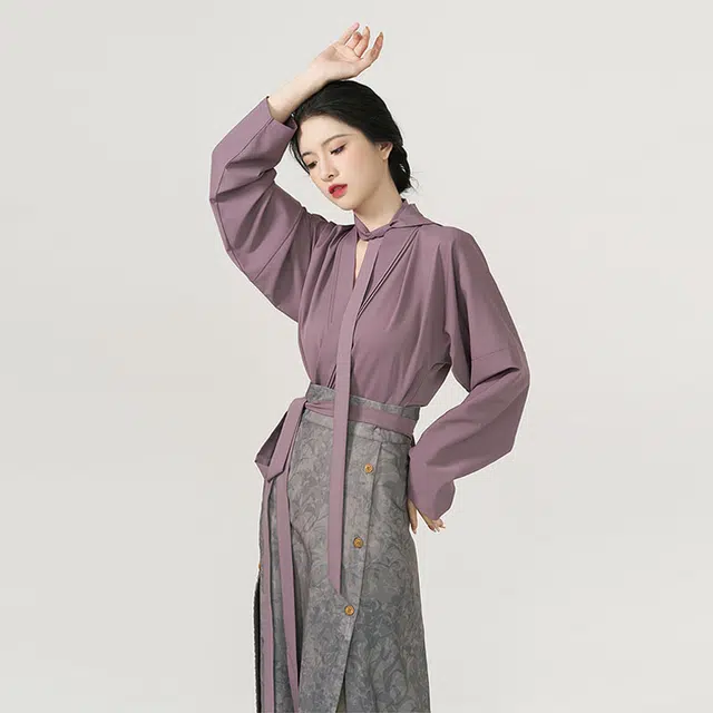 织造司 城市日记 宋制长褙子飞机袖改良三裥裙发带汉服套装 女款 紫色