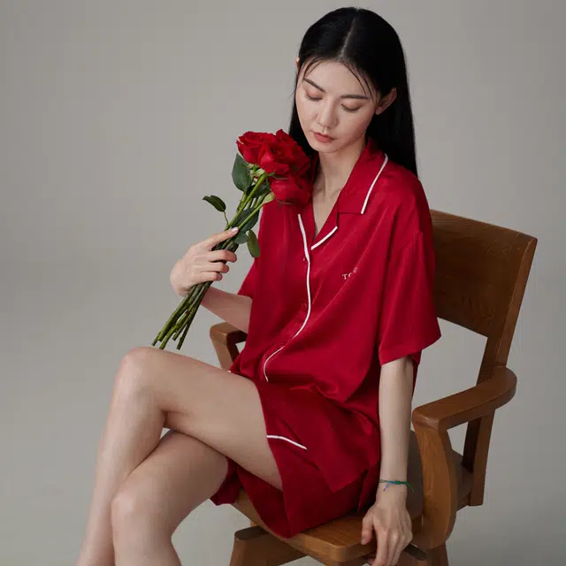 同语 夏季冰丝红色结婚睡衣薄款女士家居服凉感新婚套装 家居套装 女款 酡红 红色礼盒