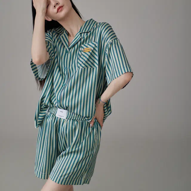 同语 睡衣夏季冰丝短袖条纹套装高级感可外穿女士家居服夏天 家居套装 女款 竖条吐绶蓝