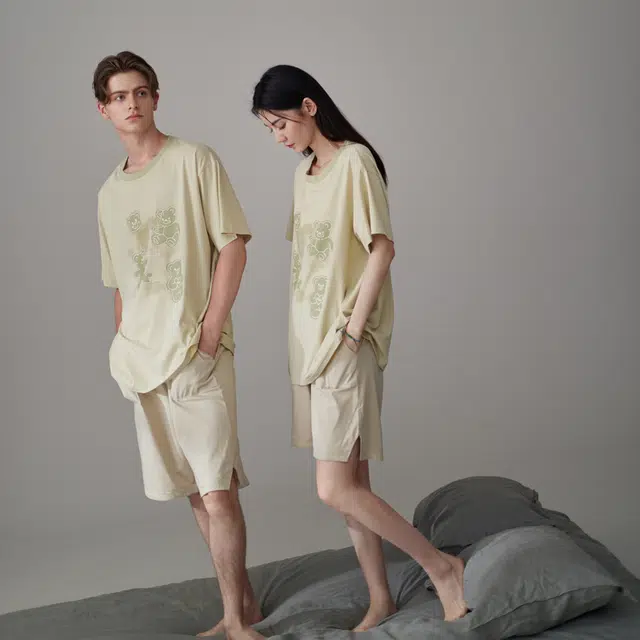 同语 夏季睡衣凉感棉短袖套装可爱可外穿男士宽松夏天家居服 家居套装 男款 柔雾菊白•米杏